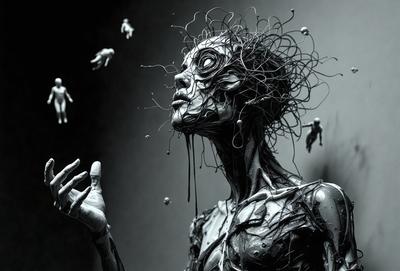 The primary subject of the image is a woman with a disfigured face, who appears to be a monster or a creature with a twisted and grotesque appearance. She is surrounded by a group of small figures, which could be interpreted as a visual metaphor for the woman's inner turmoil or emotional state. The setting is a dark room, and the visual style is a combination of digital art and illustration. The colors and mood of the image are predominantly dark and eerie, with a